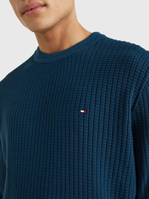 Tommy Hilfiger Knitted Grid Check Crew Neck Jumper Moški Puloverji Modra | TH371GZB