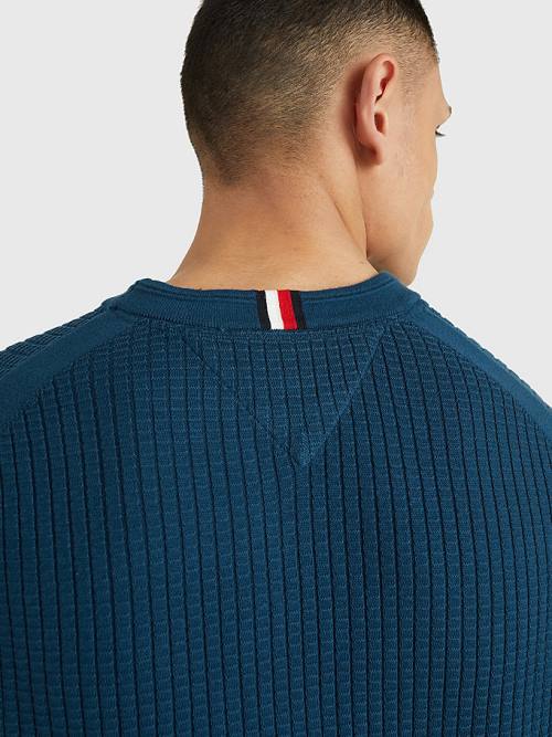 Tommy Hilfiger Knitted Grid Check Crew Neck Jumper Moški Puloverji Modra | TH371GZB