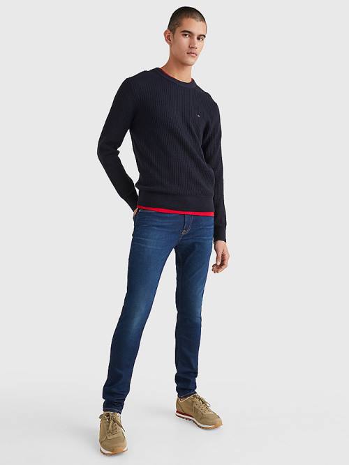 Tommy Hilfiger Knitted Grid Check Crew Neck Jumper Moški Puloverji Modra | TH423NQL