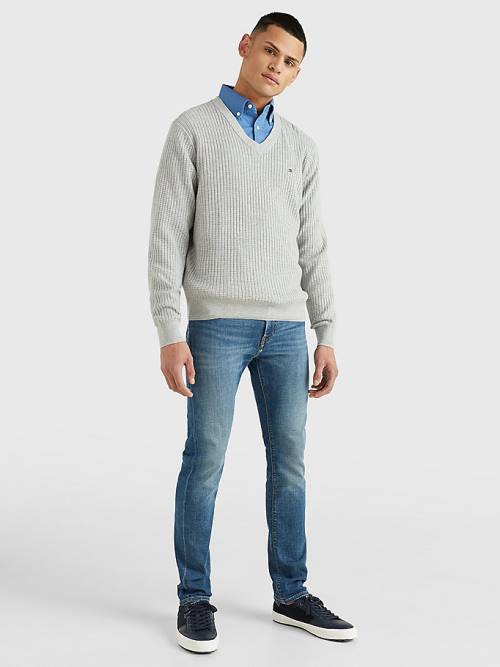 Tommy Hilfiger Knitted Grid Check V-Neck Jumper Moški Puloverji Siva | TH458LEF