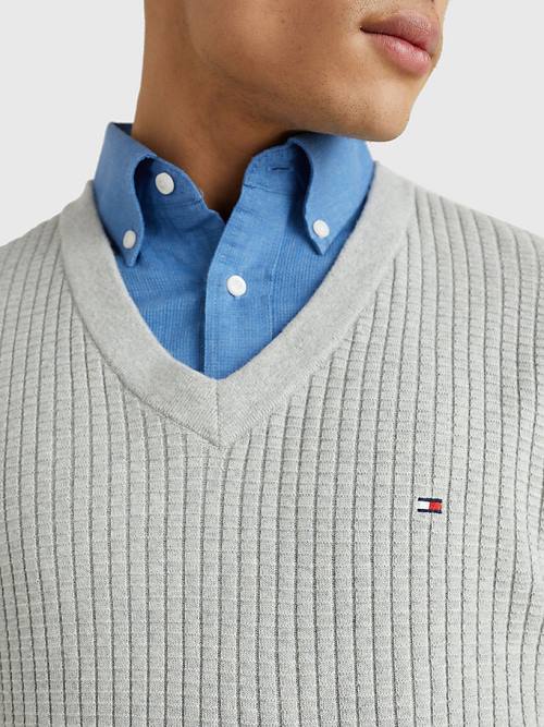 Tommy Hilfiger Knitted Grid Check V-Neck Jumper Moški Puloverji Siva | TH458LEF