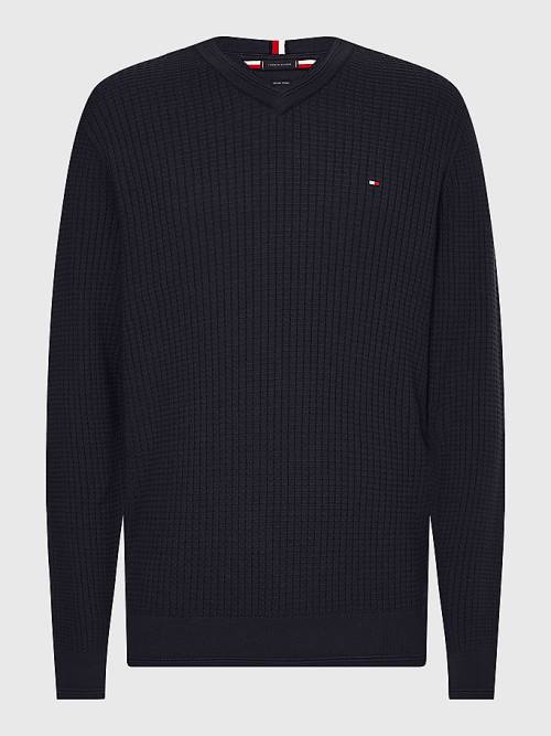 Tommy Hilfiger Knitted Grid Check V-Neck Jumper Moški Puloverji Modra | TH542XMB