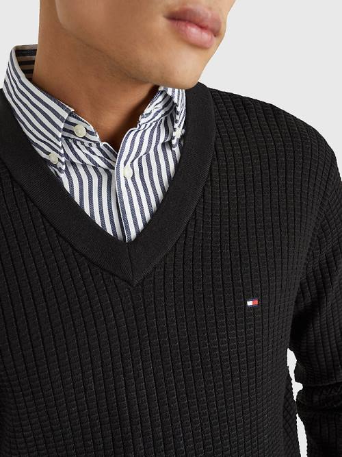 Tommy Hilfiger Knitted Grid Check V-Neck Jumper Moški Puloverji Črna | TH712VBI