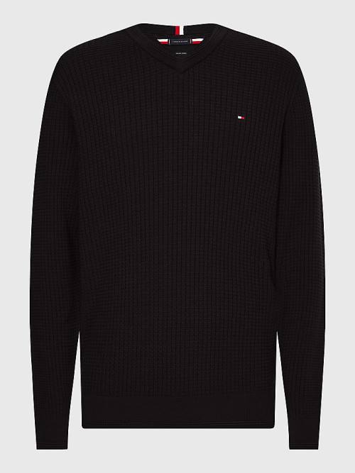 Tommy Hilfiger Knitted Grid Check V-Neck Jumper Moški Puloverji Črna | TH712VBI