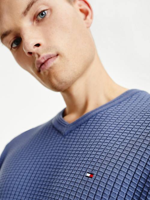 Tommy Hilfiger Knitted Grid Check V-Neck Jumper Moški Puloverji Modra | TH719PXC