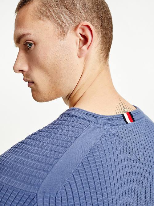 Tommy Hilfiger Knitted Grid Check V-Neck Jumper Moški Puloverji Modra | TH719PXC