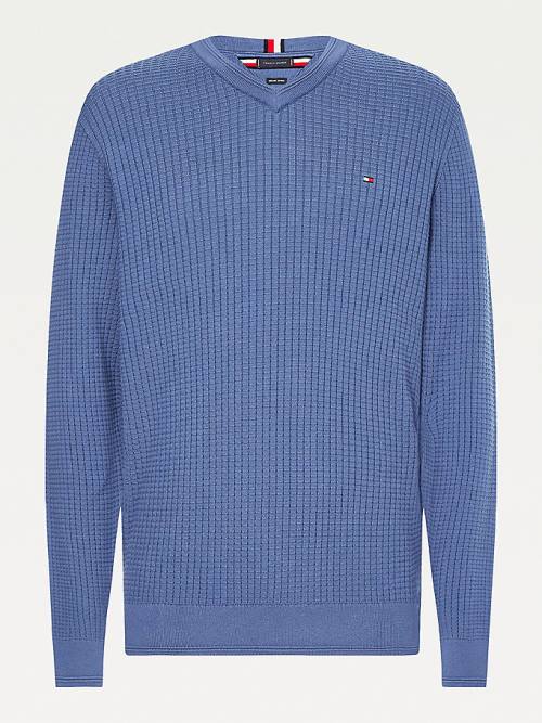 Tommy Hilfiger Knitted Grid Check V-Neck Jumper Moški Puloverji Modra | TH719PXC