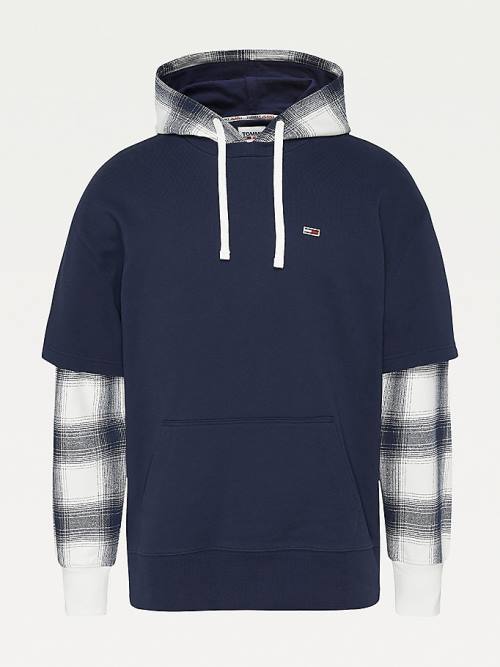 Tommy Hilfiger Layered Check Print Relaxed Moški Pulover s kapuco Modra | TH751UYZ