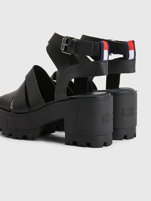 Tommy Hilfiger Leather Block Heel Ženske Sandali Črna | TH319CTW