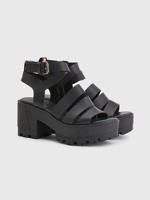 Tommy Hilfiger Leather Block Heel Ženske Sandali Črna | TH319CTW