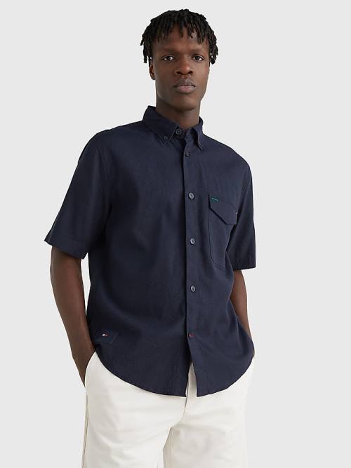 Tommy Hilfiger Linen Blend Short Sleeve Moški Srajce Modra | TH418IAF