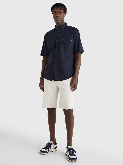 Tommy Hilfiger Linen Blend Short Sleeve Moški Srajce Modra | TH418IAF