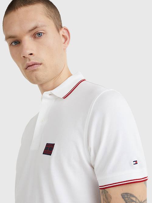 Tommy Hilfiger Logo Contrast Tipped Slim Moški Polo Majica Bela | TH281PNO