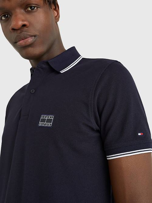 Tommy Hilfiger Logo Contrast Tipped Slim Moški Polo Majica Modra | TH970XCJ