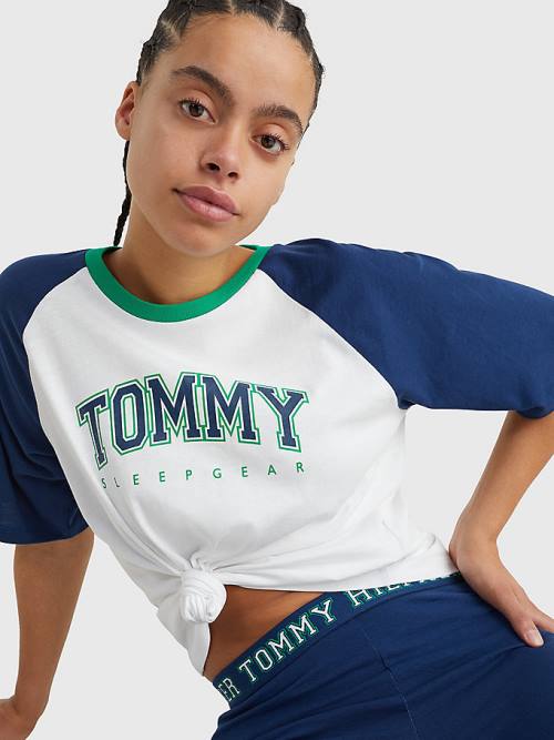 Tommy Hilfiger Logo Contrast Trim Colour-Blocked Ženske Majice Modra | TH865EJD