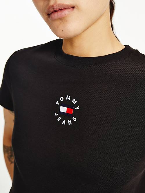 Tommy Hilfiger Logo Embroidery Cropped Ženske Majice Črna | TH037QXA