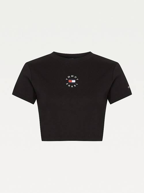 Tommy Hilfiger Logo Embroidery Cropped Ženske Majice Črna | TH037QXA