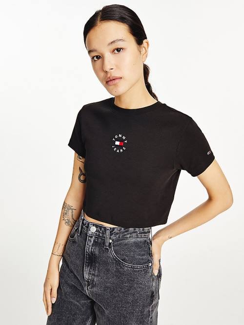 Tommy Hilfiger Logo Embroidery Cropped Ženske Majice Črna | TH037QXA