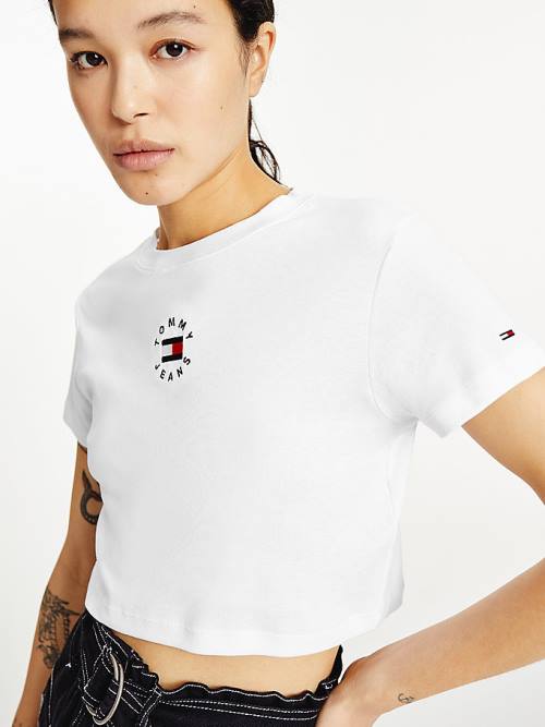 Tommy Hilfiger Logo Embroidery Cropped Ženske Majice Bela | TH593NBU