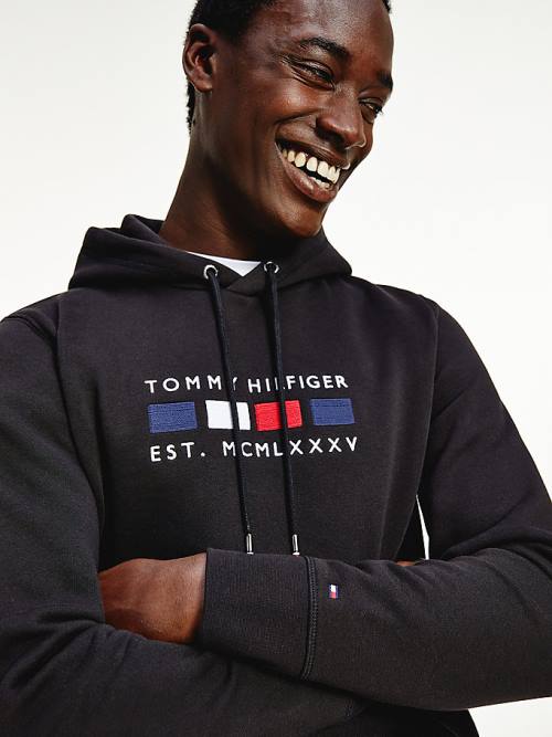 Tommy Hilfiger Logo Embroidery Fleece Moški Pulover s kapuco Črna | TH052ZQM