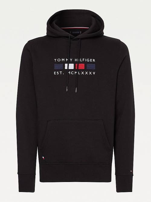 Tommy Hilfiger Logo Embroidery Fleece Moški Pulover s kapuco Črna | TH052ZQM