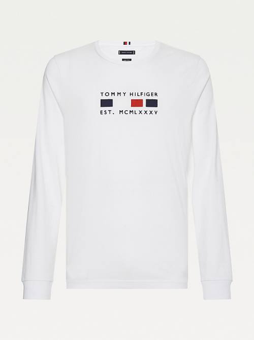 Tommy Hilfiger Logo Embroidery Long Sleeve Moški Majice Bela | TH482REB