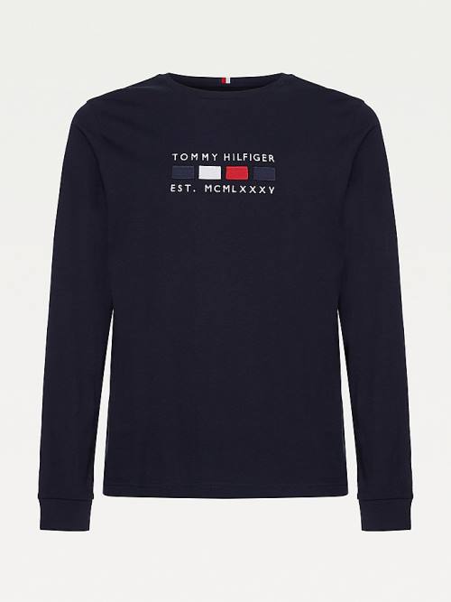 Tommy Hilfiger Logo Embroidery Long Sleeve Moški Majice Modra | TH925VYD