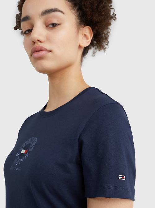 Tommy Hilfiger Logo Embroidery Slim Fit Ženske Majice Modra | TH583JDR