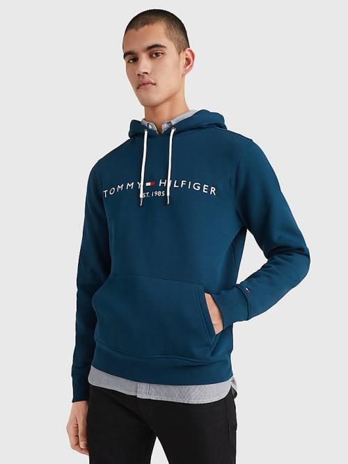 Tommy Hilfiger Logo Moški Pulover s kapuco Modra | TH421LJQ