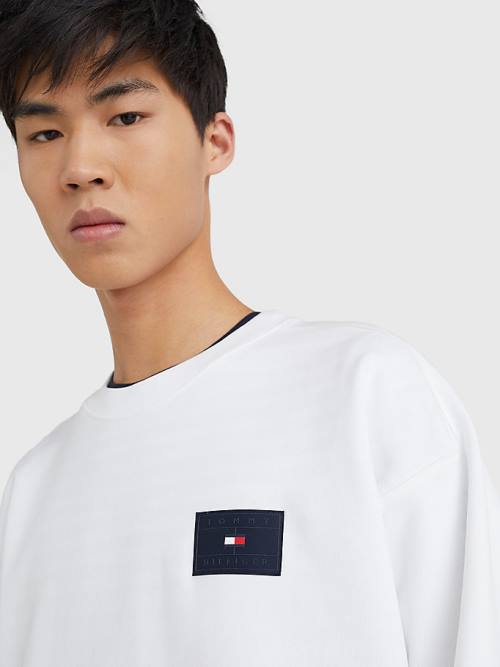 Tommy Hilfiger Logo Print Crew Neck Moški Pulover Bela | TH718ACQ