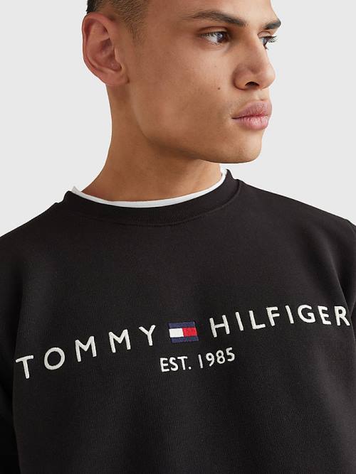 Tommy Hilfiger Logo Regular Fit Moški Pulover Črna | TH487DHJ