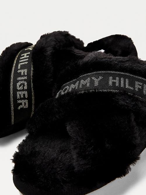 Tommy Hilfiger Logo Tape Faux Fur Ženske Copati Črna | TH619PVT