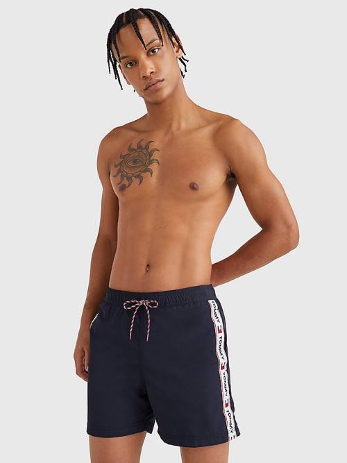 Tommy Hilfiger Logo Tape Slim Fit Mid Length Shorts Moški Kopalke Modra | TH791IOK