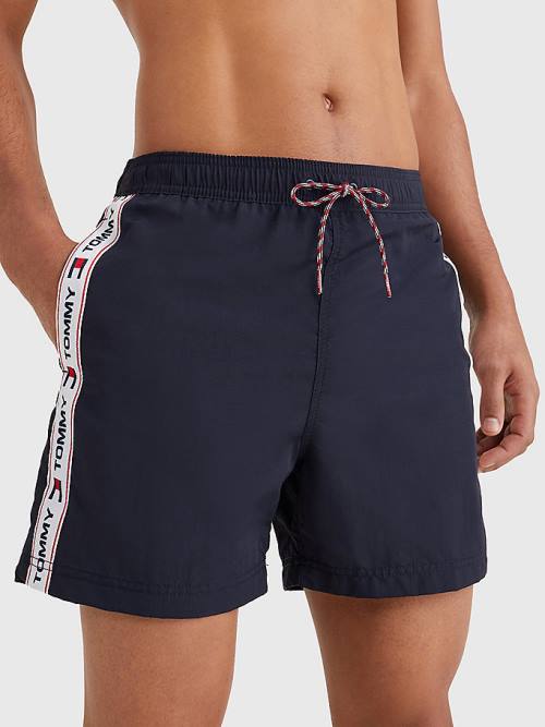 Tommy Hilfiger Logo Tape Slim Fit Mid Length Shorts Moški Kopalke Modra | TH791IOK