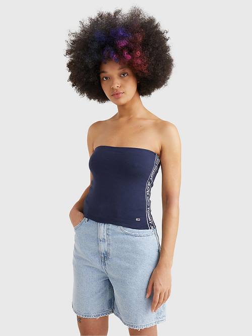 Tommy Hilfiger Logo Tape Tube Top Ženske Majice Modra | TH396HDA