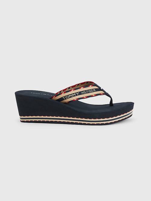 Tommy Hilfiger Logo Webbing High Wedge Flip-Flops Ženske Sandali Modra | TH538UWC