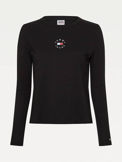 Tommy Hilfiger Long Sleeve Logo Slim Fit Ženske Majice Črna | TH790JEW