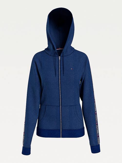 Tommy Hilfiger Lounge Rib-Knit Velour Ženske Pulover s kapuco Modra | TH180MVZ