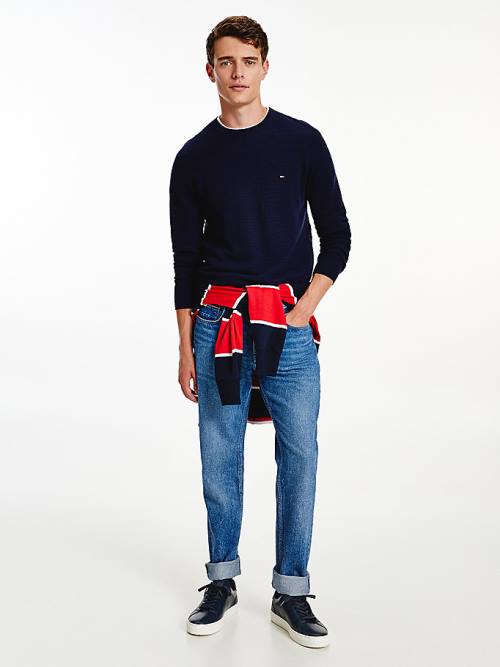 Tommy Hilfiger Luxury Wool Textured Jumper Moški Puloverji Modra | TH239EID