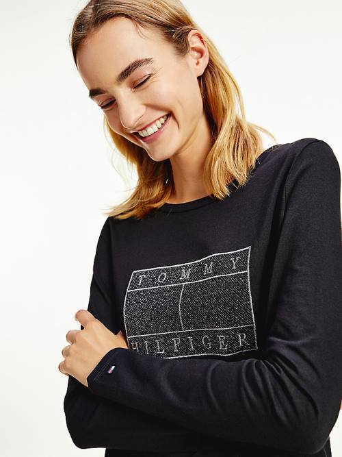 Tommy Hilfiger Metallic Flag Long Sleeve Ženske Majice Črna | TH053NDV