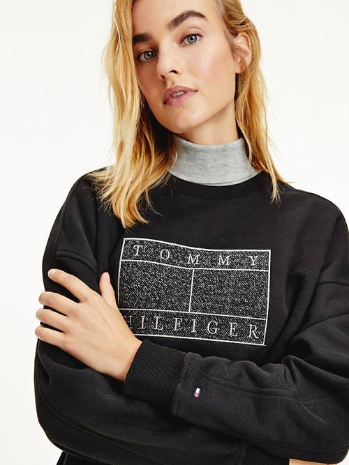 Tommy Hilfiger Metallic Logo Relaxed Crew Neck Ženske Pulover Črna | TH736AOR