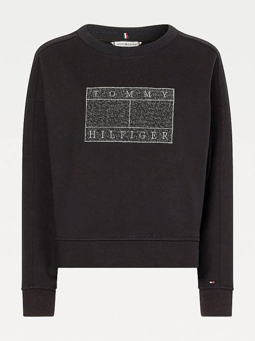 Tommy Hilfiger Metallic Logo Relaxed Crew Neck Ženske Pulover Črna | TH736AOR