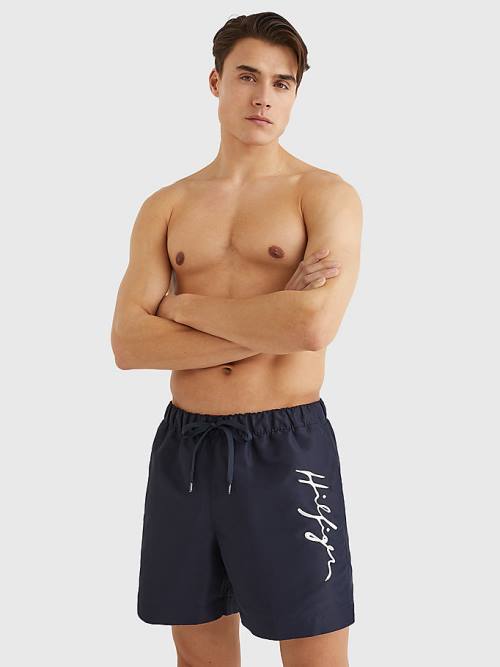 Tommy Hilfiger Mid Length Signature Logo Shorts Moški Kopalke Modra | TH731QDM