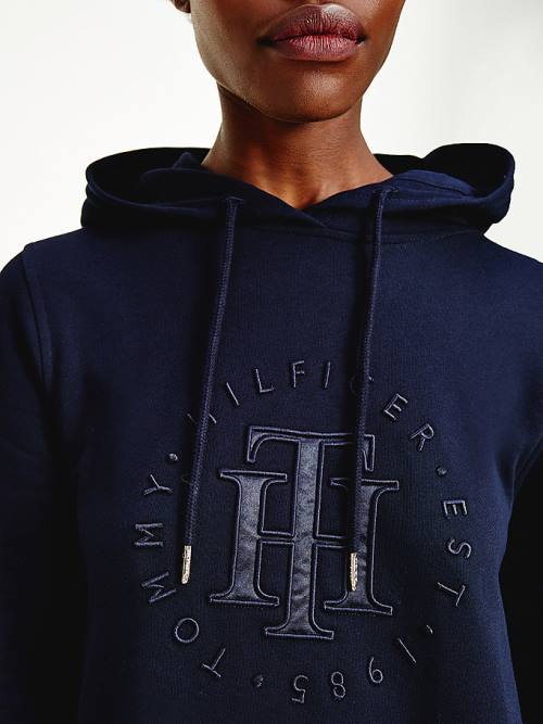 Tommy Hilfiger Monogram Embroidery Hooded Jumper Ženske Obleke Modra | TH453MEC