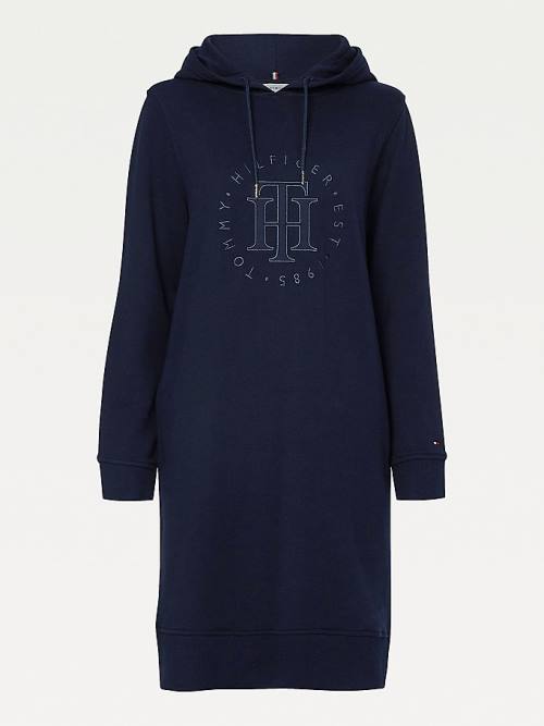 Tommy Hilfiger Monogram Embroidery Hooded Jumper Ženske Obleke Modra | TH453MEC