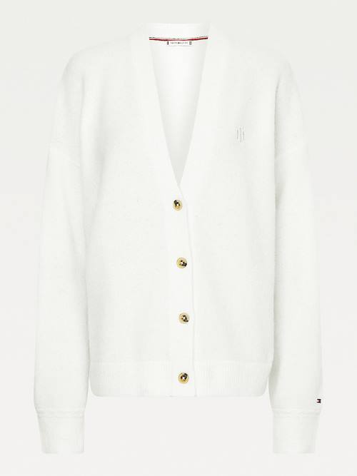 Tommy Hilfiger Monogram Embroidery Relaxed Fit Alpaca Cardigan Ženske Puloverji Bela | TH284HXB