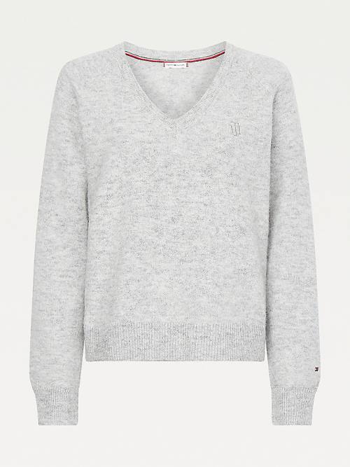 Tommy Hilfiger Monogram Embroidery Relaxed Fit V-Neck Jumper Ženske Puloverji Siva | TH628HUK