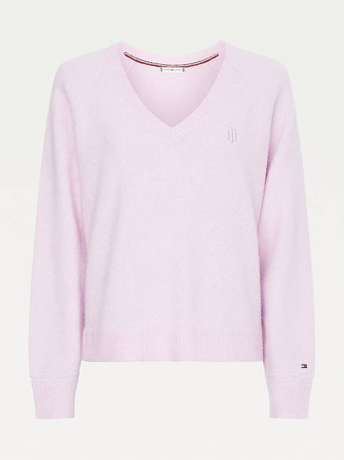 Tommy Hilfiger Monogram Embroidery Relaxed Fit V-Neck Jumper Ženske Puloverji Vijolična | TH851QEJ