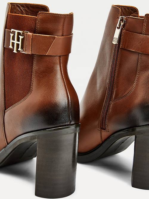 Tommy Hilfiger Monogram High Heel Leather Ankle Ženske Škornji Rjav | TH429RAZ