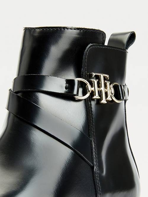 Tommy Hilfiger Monogram Horsebit Leather Ankle Ženske Škornji Črna | TH781SUT